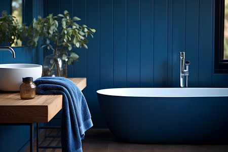 Bathroom interior with blue walls, wooden floor, dark blue bathtub with a towel and a sink. 3d renderingの素材