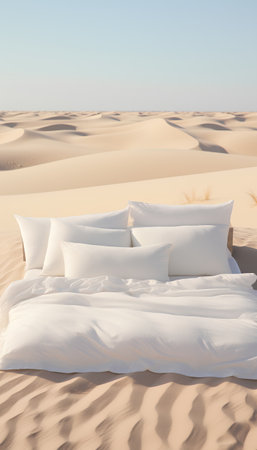 White pillows on bed in the desert. 3d rendering.の素材