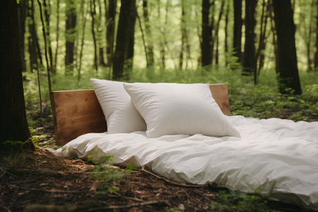 Wooden bed in the forest with white linen and pillows.の素材