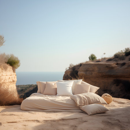 Luxury bed with pillows on the beach. 3d renderingの素材