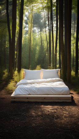White pillows on a bed in the forest. 3d renderingの素材