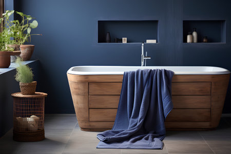 Interior of modern bathroom with wooden bathtub and towel. 3d renderの素材
