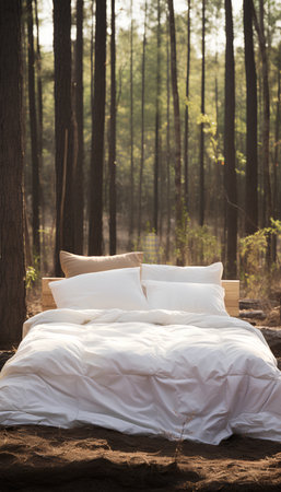 White bedding in the forest. The concept of rest and relaxation.の素材