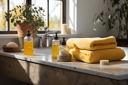 Spa and body care productsle countertop in modern bathroom.の素材