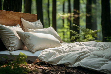 Wooden bed with white pillows in the forest. Vintage style.の素材