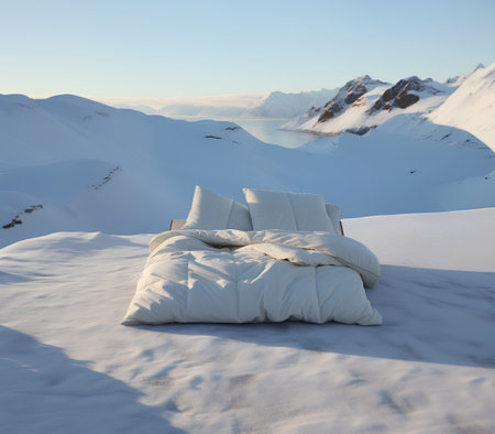 3d rendering of a bed in the snow with mountains in the backgroundの素材