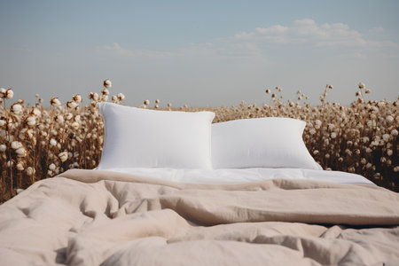 White pillows on a bed in the field. 3d renderingの素材