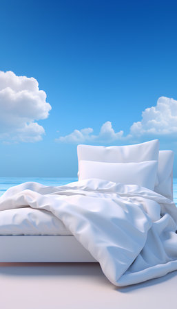 3d rendering of white bedding on the beach with blue skyの素材