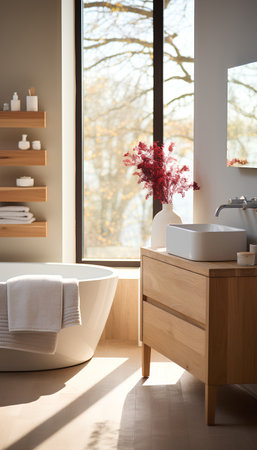 Interior of modern bathroom with white walls, wooden floor, comfortable white bathtub standing on wooden countertop and big window with countryside view. 3d renderingの素材