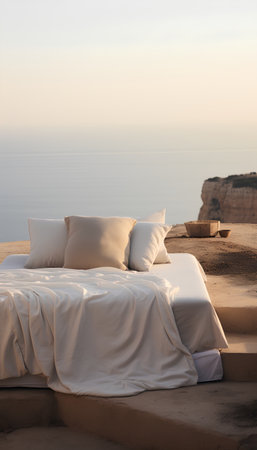 White bed with pillows on the terrace overlooking the sea.の素材