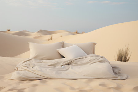 Bed with pillows in the desert. 3d rendering. Computer digital drawing.の素材