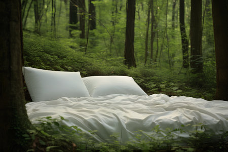 White pillows on a bed in the green forest. 3d renderingの素材