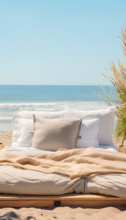 Wooden bed with white pillows on the sandy beach by the seaの素材