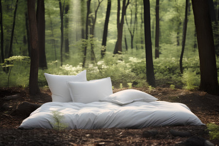 Bed with white pillows in the green forest. 3d renderingの素材