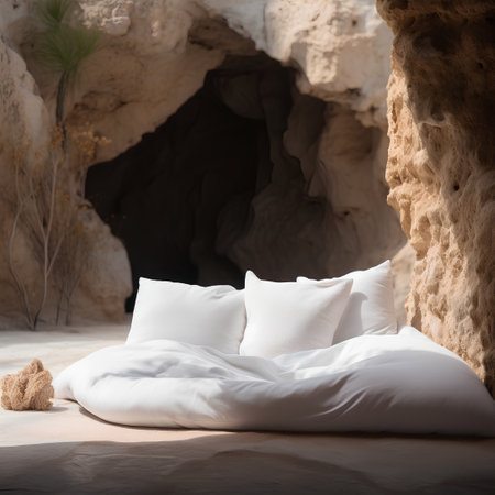 White pillows on a bed in a cave. 3d renderingの素材