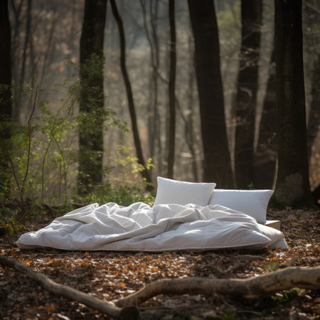 White bedding in the forest. The concept of rest and relaxation.の素材