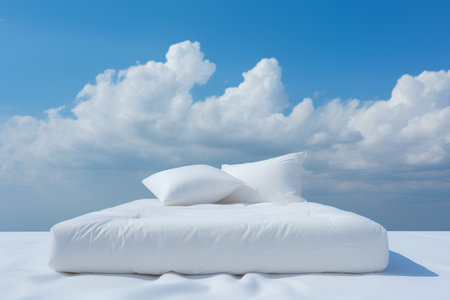 White bed with pillows in the snow on a blue sky backgroundの素材