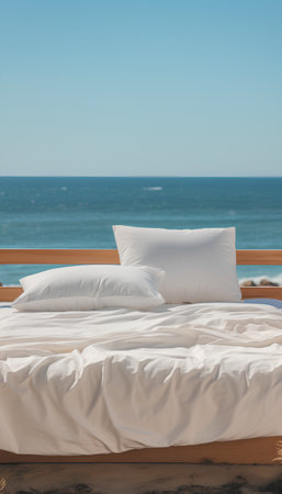 White pillows on a wooden bed on the beach. 3d renderingの素材