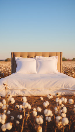 Bed with white linen and cotton flowers on the field at sunset.の素材