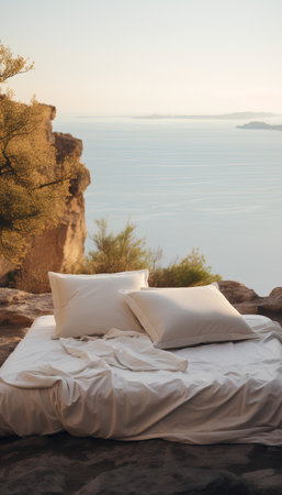 White pillows on a bed on a cliff in the sunset.の素材