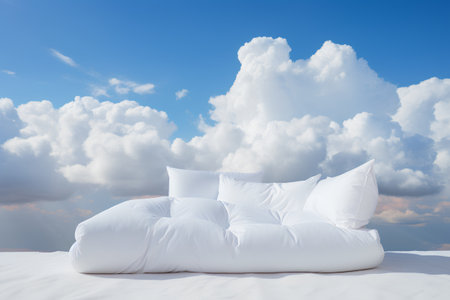 White pillows on the white sand with blue sky and clouds backgroundの素材