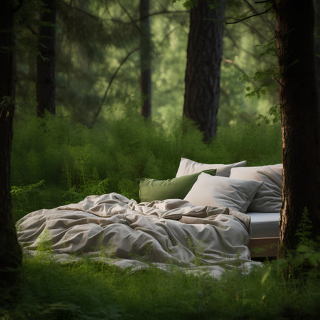 Wooden bed with pillows in the forest. 3d renderingの素材