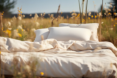 Bed with pillows in the meadow on a sunny day.の素材