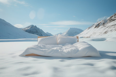 3d rendering of a bed in a snowy landscape with mountains in the backgroundの素材