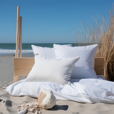 Bed with white linen on the sandy beach. 3d rendering.の素材