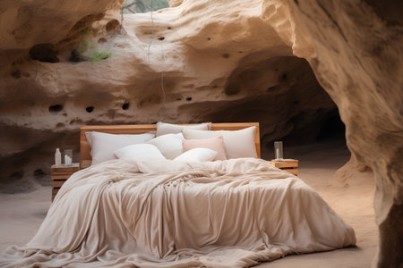Interior of a bedroom in a cave with a bed and pillowsの素材