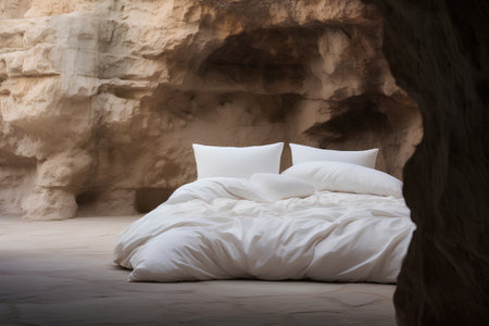 White pillows on the bed in the cave. Interior design.の素材