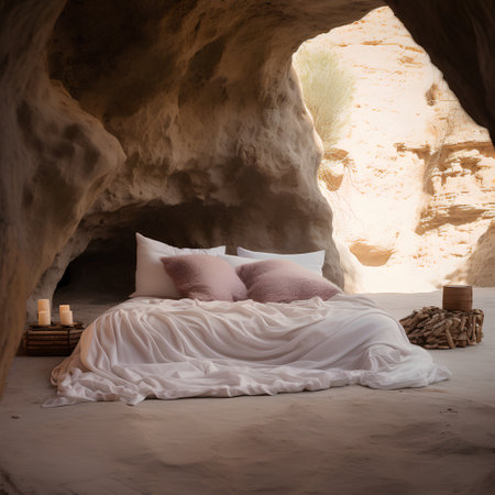 Bedroom in a cave with white linen. 3d rendering.の素材