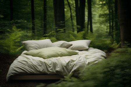 Wooden bed with pillows in the forest. 3d renderingの素材