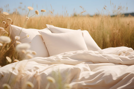 White pillows on a bed in a wheat field. Selective focus.の素材
