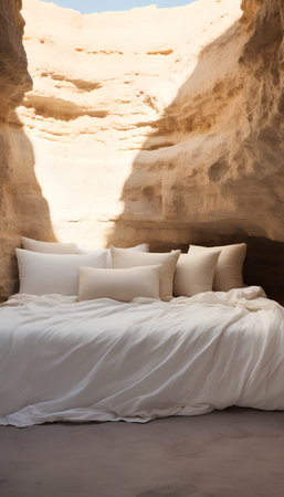Bed with white linen in the desert of Egypt. 3d renderingの素材