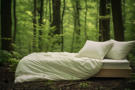 Bed in the forest. Conceptual image of a comfortable bed.の素材