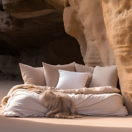 Bed in the desert. Bed with pillows and a blanket.の素材