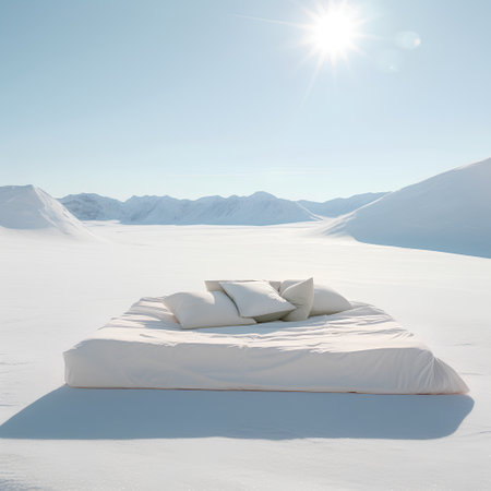3d rendering of a bed in the snow with mountains in the backgroundの素材