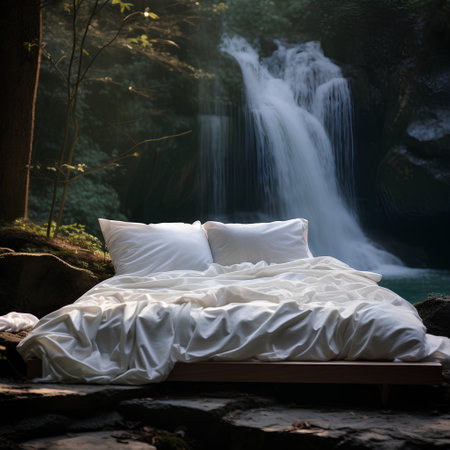 White pillow on bed beside beautiful waterfall in the morning, soft focusの素材
