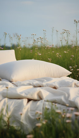 White pillows on a bed in the meadow with flowers.の素材
