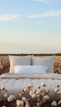 White pillows on a bed in a field. 3d renderingの素材