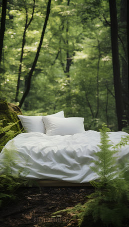 Bed in the forest with soft pillows and ferns.の素材