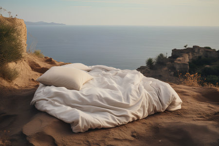 Bed in the sand on the background of the sea and mountains.の素材