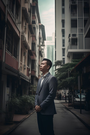 Portrait of a confident young Asian businessman standing in the street.の素材