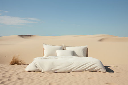 Bed in the desert. Sand dunes. 3d rendering.の素材