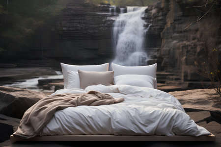 White bedding and two pillows in front of a waterfall.の素材