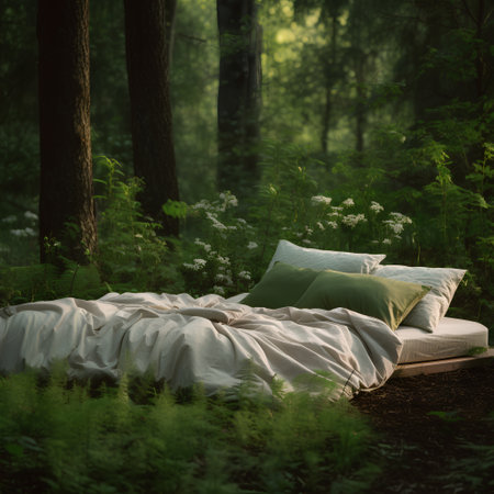Comfortable bed in the forest at night. 3d rendering.の素材