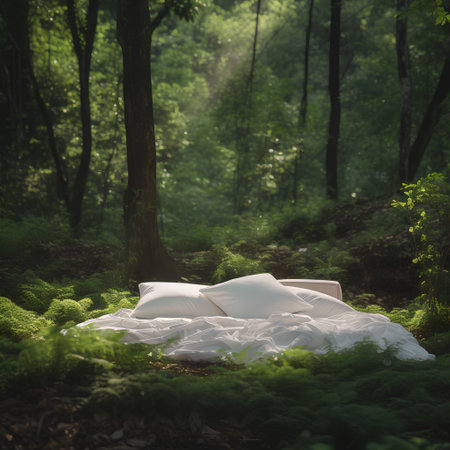 Bed in a green forest. 3d render. Conceptual image.の素材