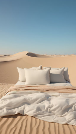 Bed in the desert. 3d rendering. Computer digital drawing.の素材