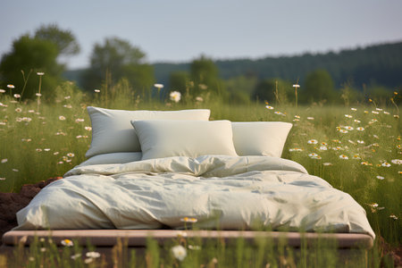 Bed with pillows on a green meadow. 3d renderingの素材